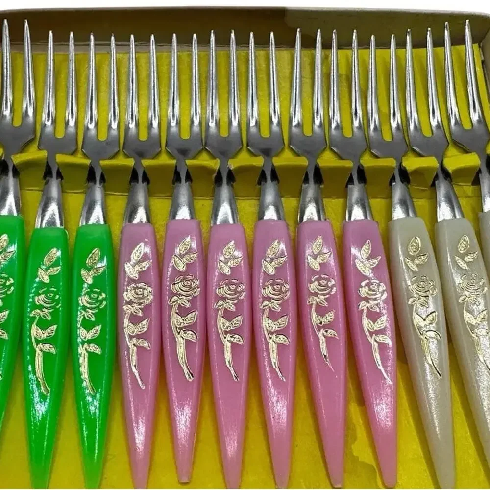 Retro Forks in Green Pink and Bone with Celluloid and Stainless Steel- Set of 12